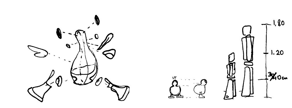 Early concept sketches of Ducky with exploded view and scale reference